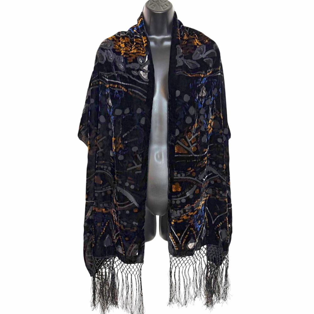 VTG Silk Blend Velvet Burnout Scarf Wrap Shawl Black Gold Blue Fringe Whimsygoth